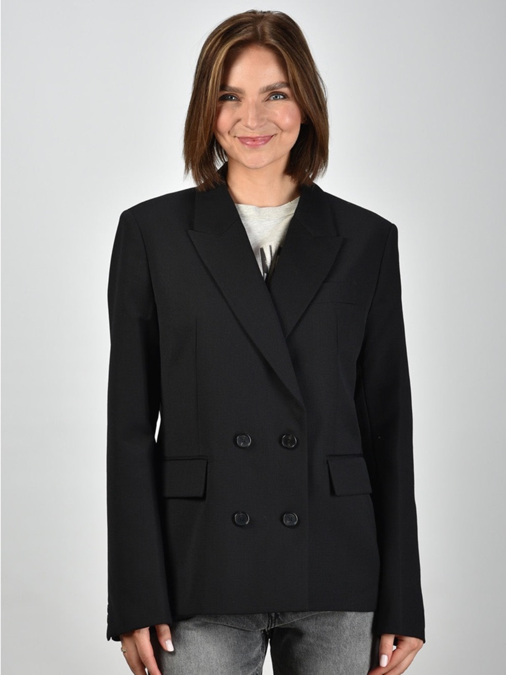 ANINE BING Double-Breasted Shoulder Pad Wool Blend Black Blazer Jacket EUC Sz XS